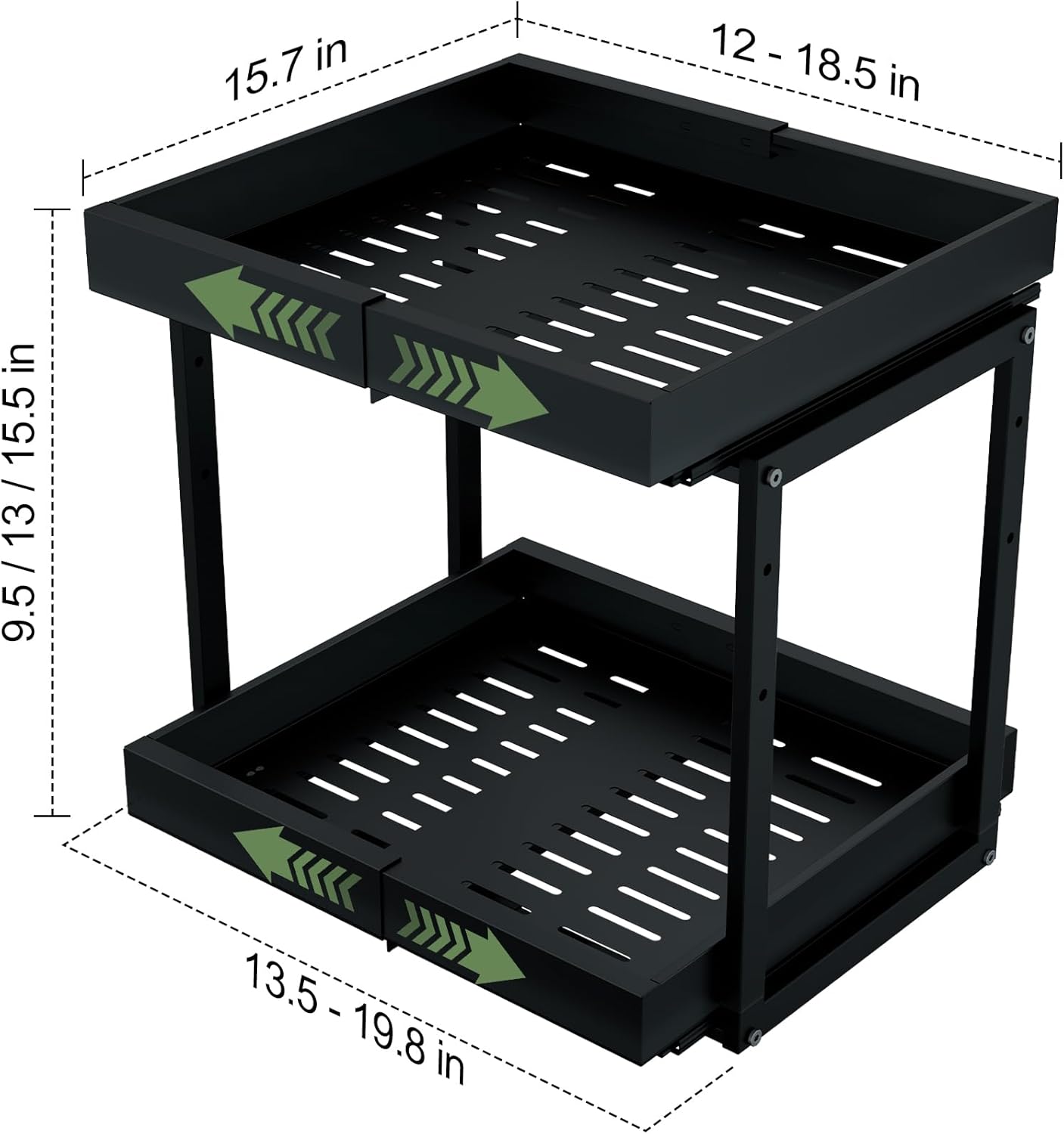 2 Tier Pull Out Cabinet Organizer ,Adjustable Width & Height,Expandable Pull-Out Drawers For Cabinets, Slide Out Shelves for Kitchen Cabinets / Countertop / Pantry,Heavy-Duty & Easy to Install(Black)