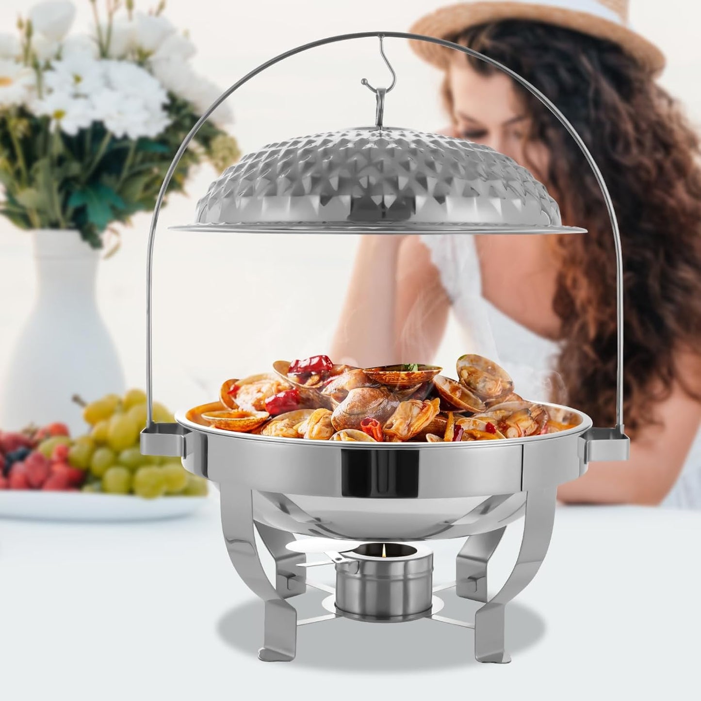 Chafing Dish Buffet Set, Stainless Steel Hanging Lid Dining Stove, Roll Top Chafing Dish Buffet Diamond-Shaped Lid and Round Stand for Buffet Restaurants and Banquets (Silver, 8L/8.5QT)