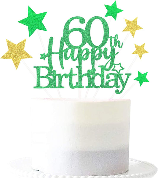 Glittery 60th Happy Birthday Cake Topper with Star,Personalised 60 Birthday Cake Toppers Party Decorations Party Supplies for Boys Girls Green Gold