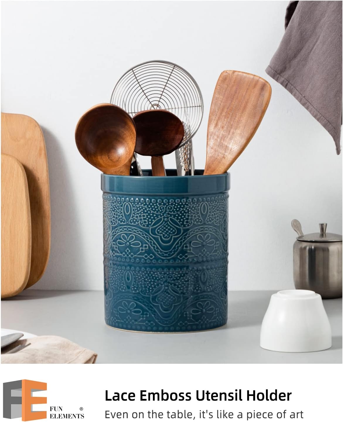 Fun Elements Kitchen Utensil Holder, 7.2" Super Large Utensil Crock Heavy and Stable Lace Emboss Ceramic Utensil Holder for Kitchen Counter (Grayish Blue)