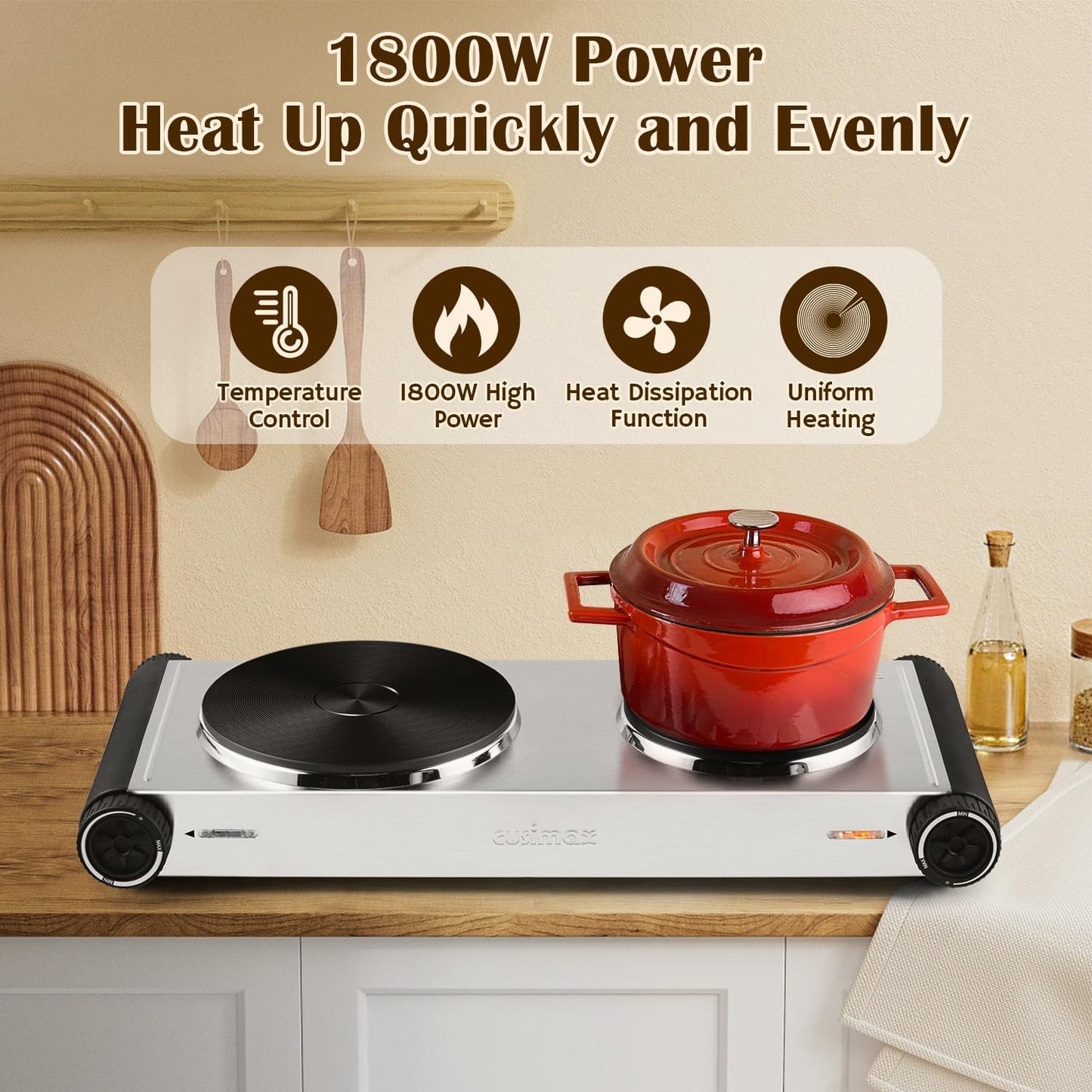 Cusimax Hot Plate,1800W Portable Electric Countertop Double Burner,Cast Iron Stove, Concealed Handle,Temperature Controls, Compatible for All Cookwares,Easy Clean, Upgraded Version(Sliver)