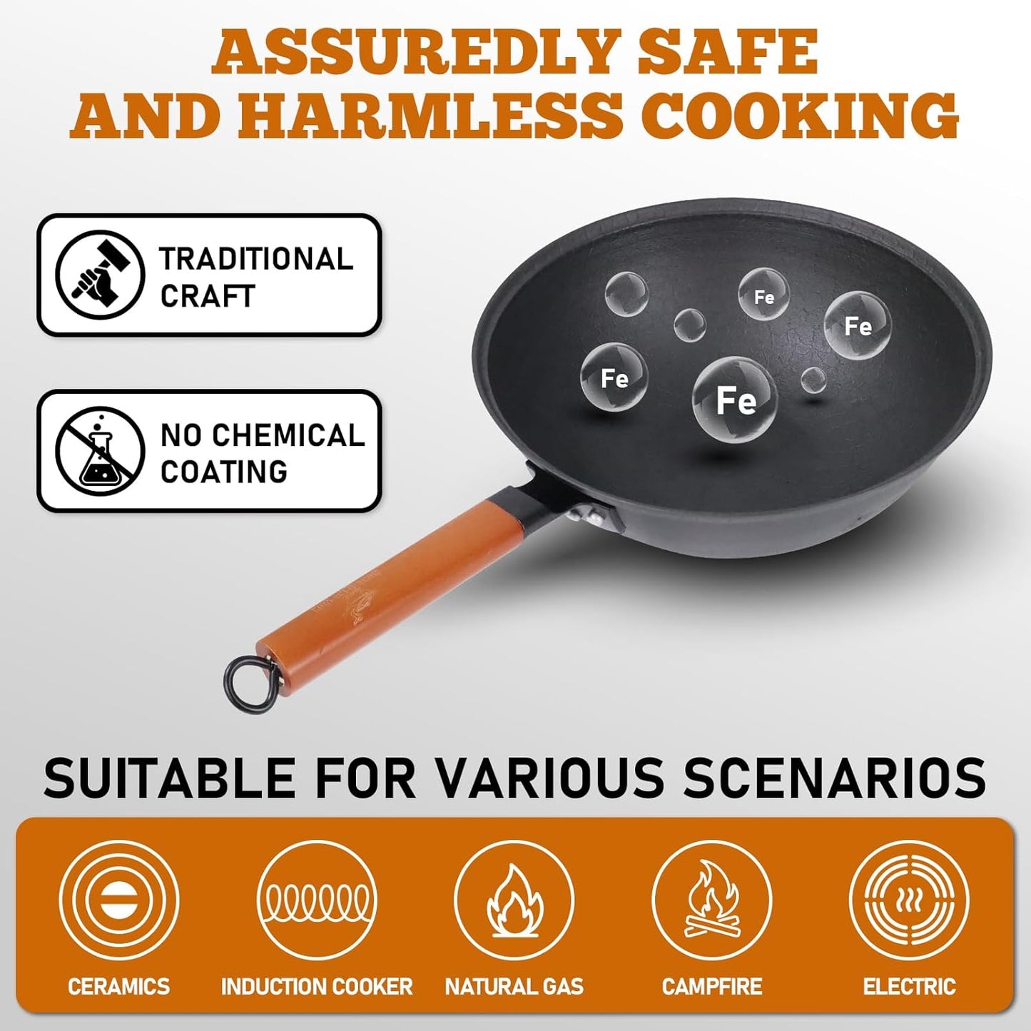 Nonstick Frying Wok Pan Hybrid, 11 Inch Preseasoned Deep Stir Fry Pan Skillet with Glass Lid, Traditional Chinese Cast Iron Wok, No Coated Saucepan for Induction, Electric, Gas, Grill Stoves