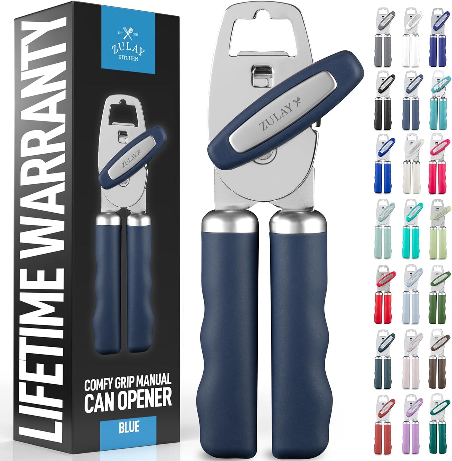 Zulay Kitchen Heavy Duty Stainless Steel Can Opener Manual with Bottle Opener - Rust Proof Manual Can Opener With Turn Knob & Comfy Soft Grip Handles - Blue