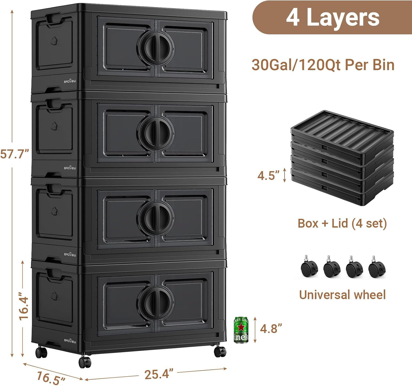 480Qt Lockable Stackable Storage Bins with Lids, Closet Organizers and Storage Drawer, Collapsible Storage Bin with Wheels, Plastic Cabinet for Toy Clothes Dorm Organizer, V9 4 Pack Black