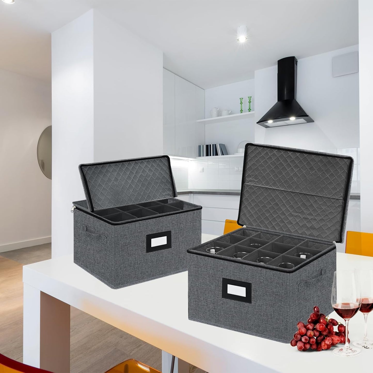 VERONLY 2 Pack Stemware and Glassware Storage Cases - Hard Shell Protection with Dividers for 24 Glasses, Stackable Moving Storage Container with Label & Handles - Crystal Glass - Dark Gray