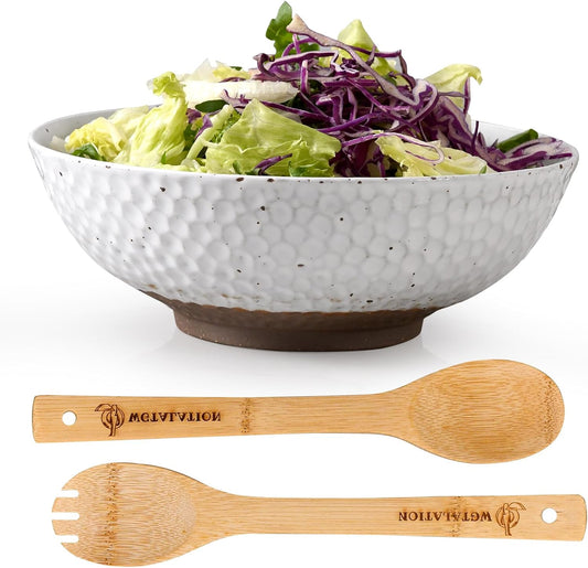 Wotalation Large White Ceramic Salad Serving Bowl - 9.4 Inch Party Bowl for Holidays, Fruit Bowl with Bamboo Utensils (57.4oz), Microwave & Dishwasher Safe