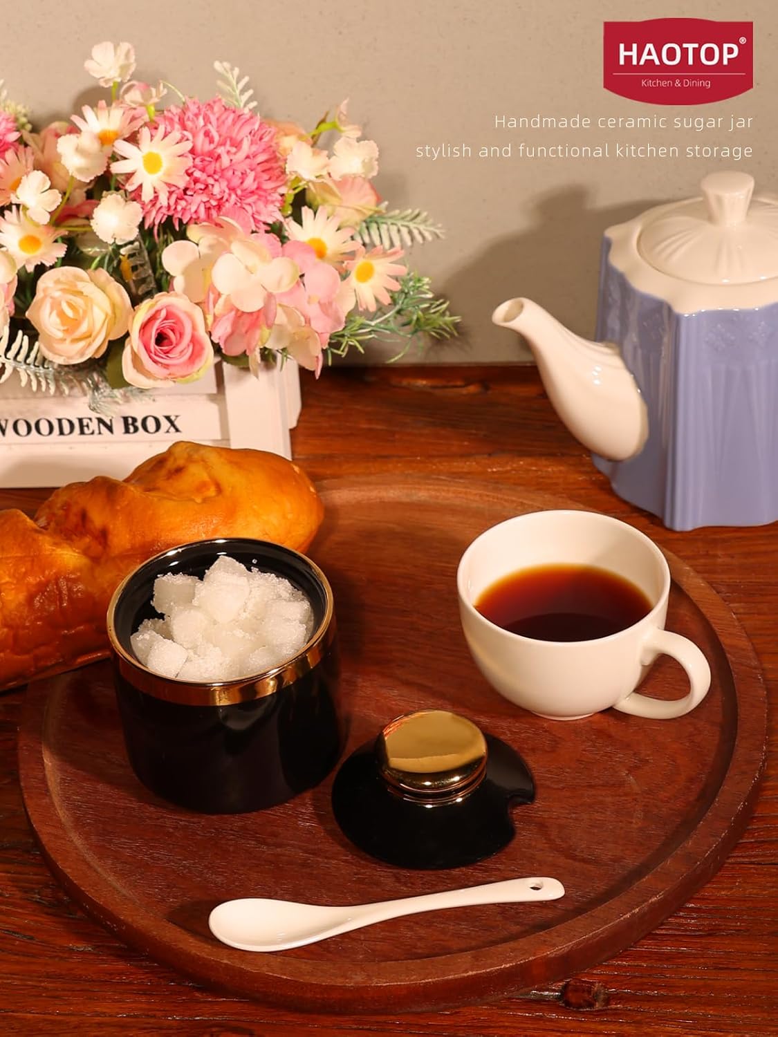 HAOTOP 8 oz Sugar Bowl with Lid and Spoon, Simple Ceramic Sugar Jar Sugar Dispenser Sugar Container Coffee Bar Accessories, Modern Kitchen Countertop Canisters, Black