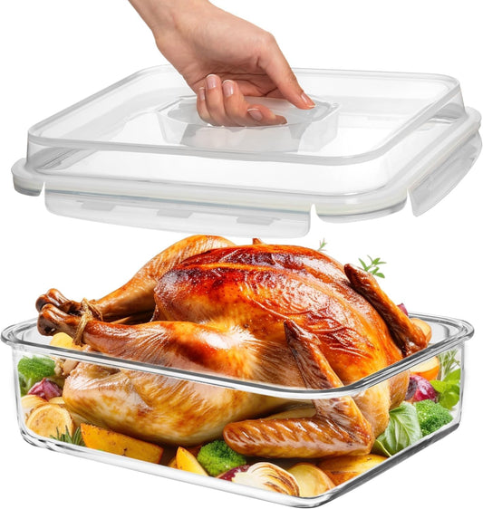 4800 ML / 163 oz / 21 Cup LARGE Glass Food Storage Container with Airtight Locking Lid. Ideal Storing food, Vegetables, Fruits. Baking Casserole, Lasagna, Roasting Turkey, Chicken BPA Free Oven Safe