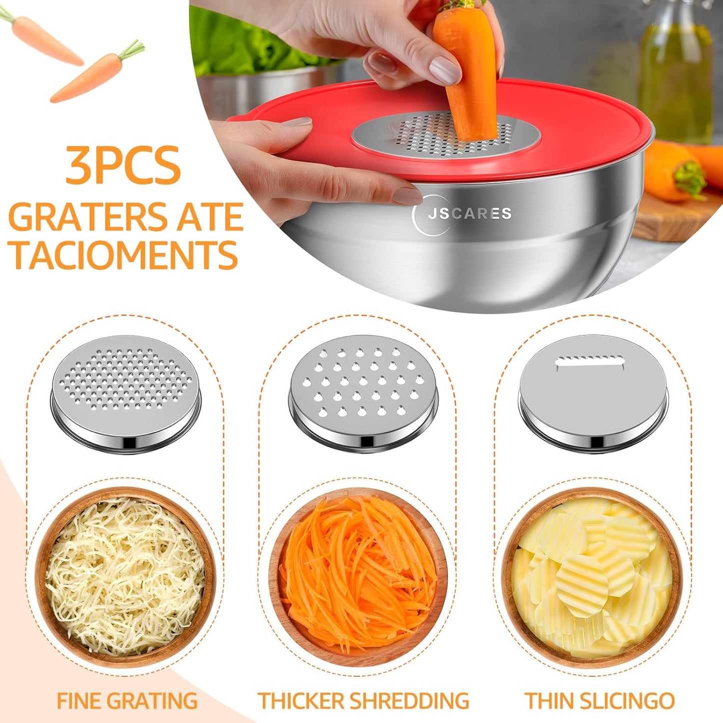 Mixing Bowls with Colorful Airtight Lids, 6 Piece Stainless Steel Metal Bowls with 3 Grater Attachments, Size 4.5, 3.5, 2.1, 1.5, 1.1, 0.7 QT