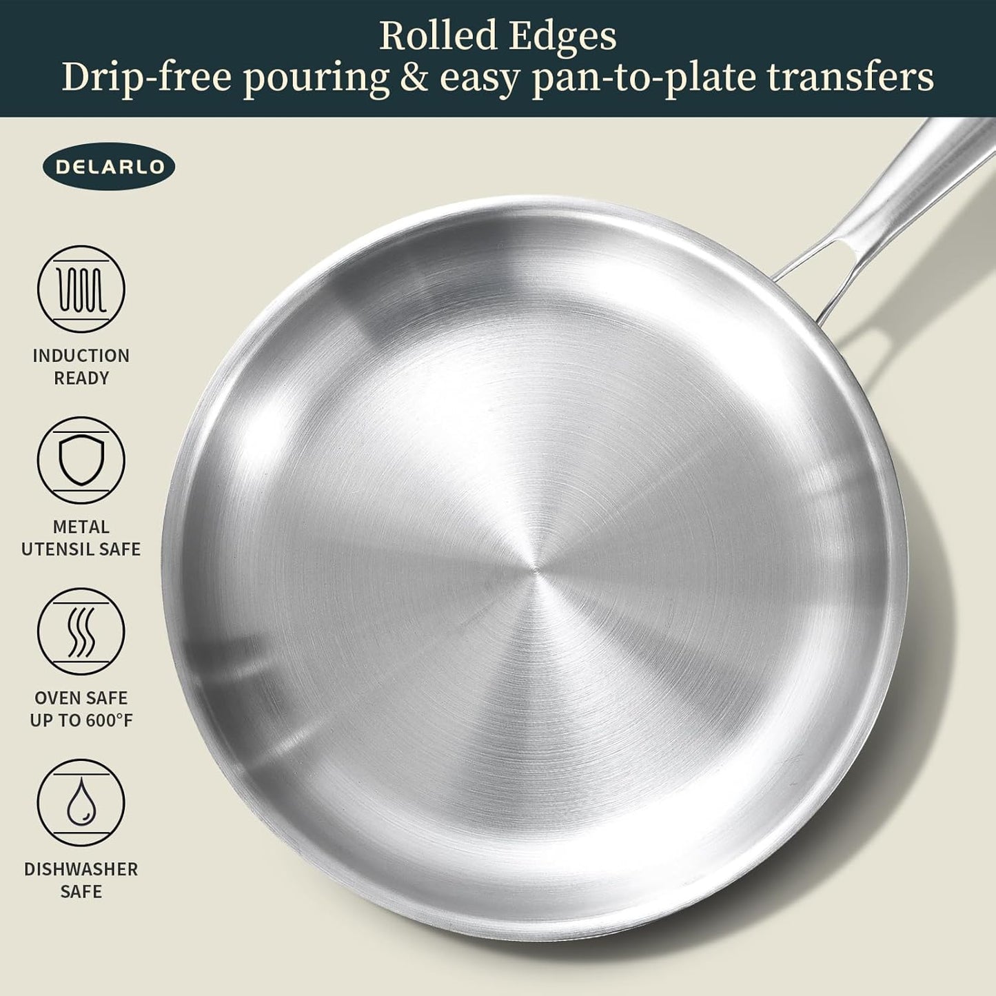 DELARLO Tri-ply Stainless Steel Frying Pan Set with Lid 8" 10" Induction large Skillets Chef's Pan,Pots and Pans Set Kitchen Cookware Set Suitable for All Stove