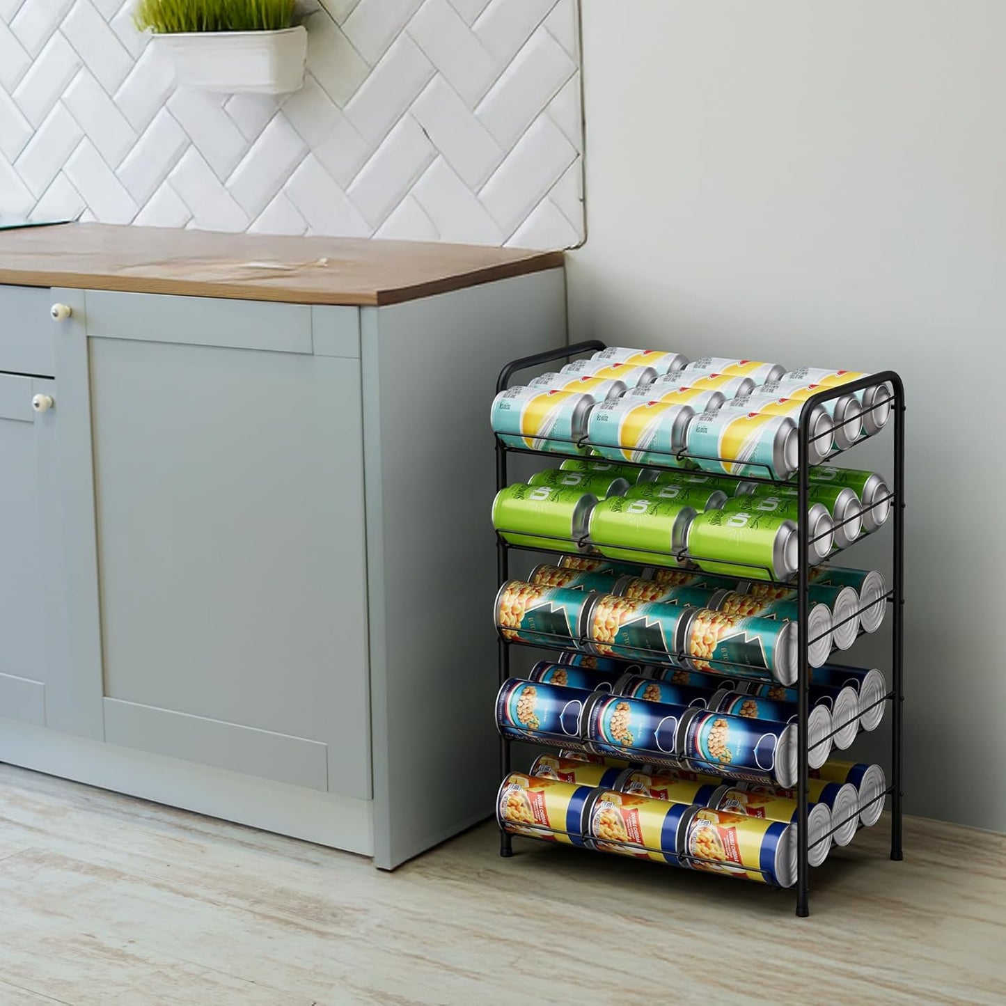 Vrisa 5 Tier Can Organizer for Pantry Can Holders 60 Cans Rack Canned Goods Organizer for Pantry Shelf Stackable Food Organizer Soda Vegetable Can Dispenser for Kitchen Cabinet, Black