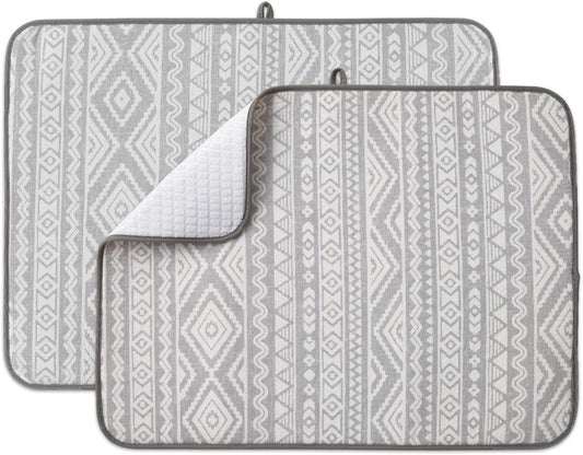 FRESHMINT Printed Dish Drying Mats for Kitchen Counter 2 Pack Absorbent Reversible Drying Mats Microfiber Kitchen Countertop Protector Dishes Drying Pad Extra Large 18"x24" Dish Mat