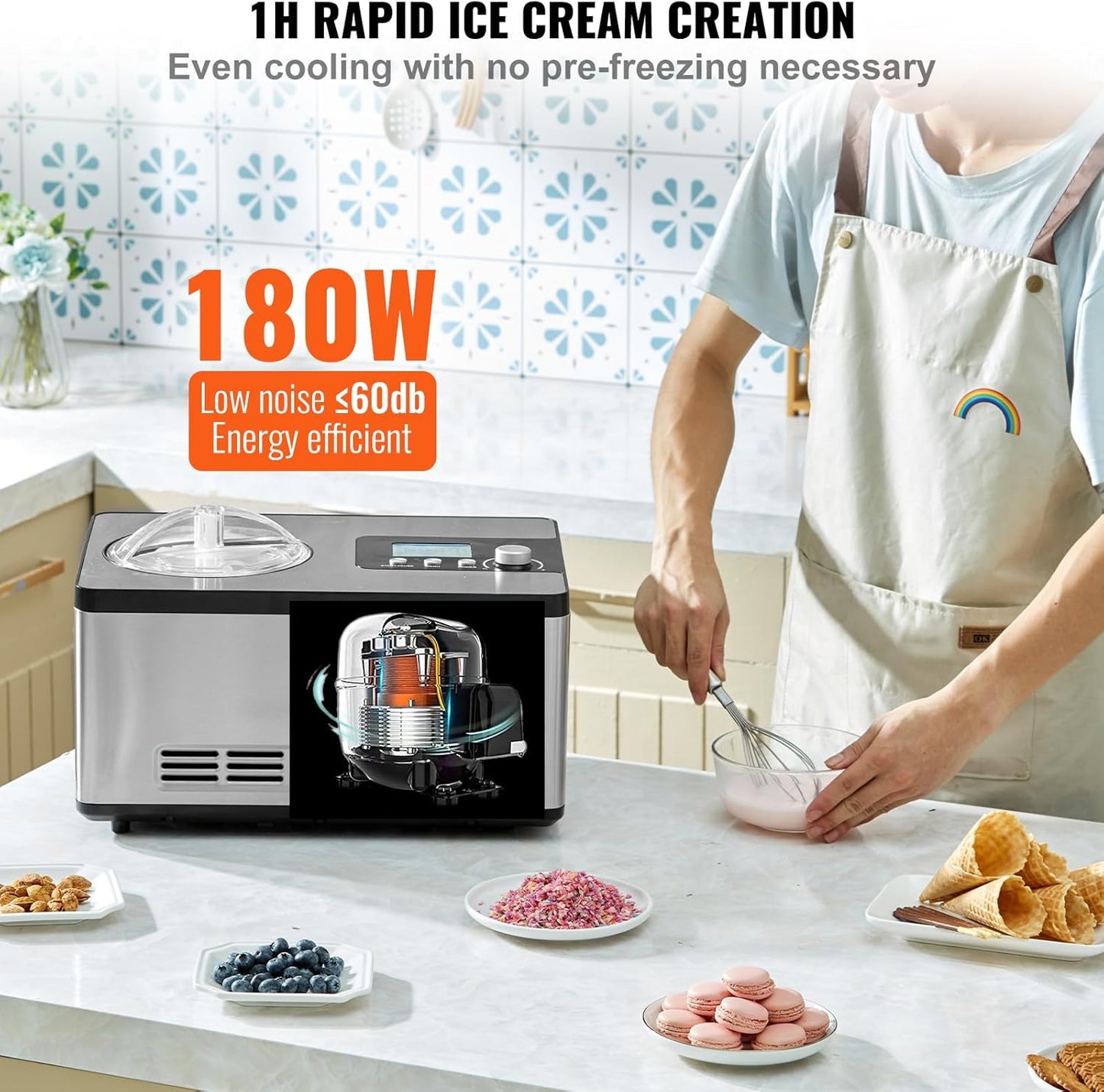 VEVOR Automatic Ice Cream Maker with Built-in Compressor, 2 Quart No Pre-freezing Fruit Yogurt Machine, Stainless Steel Electric Sorbet Maker, 3 Modes Gelato Maker with LCD Display & Timer, Silver