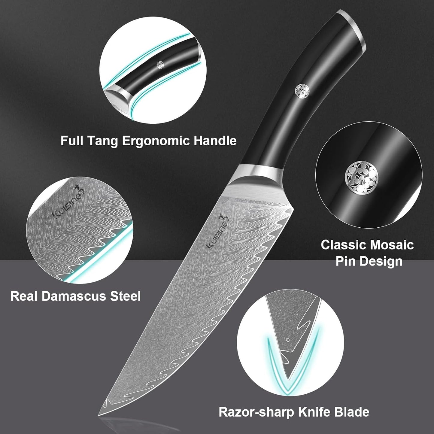 Damascus Knife Block Set,Sharp Knife Set,Ergonomic Non-slip Handle,Chef Knife Set with Built-in Sharpener,Luxury Gift for Holiday(Silver,14PCS)