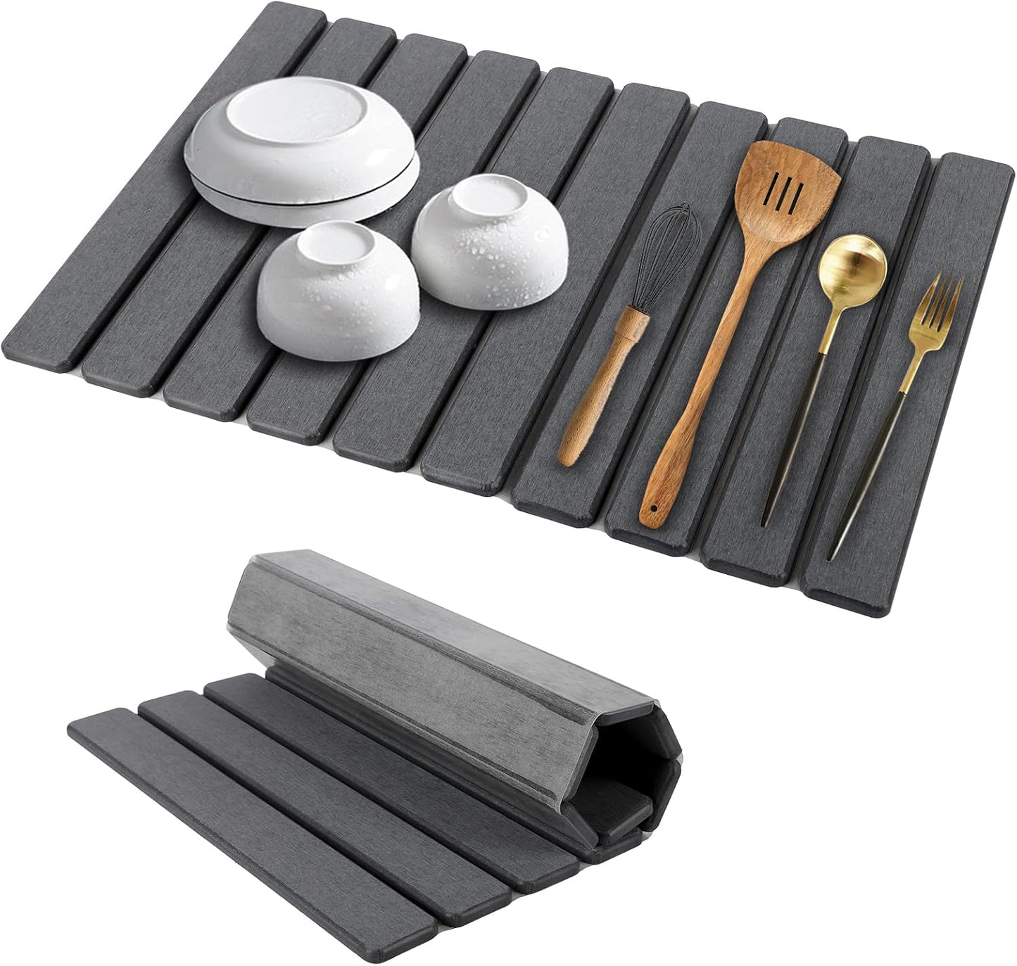 Stone Dish Drying Mat for Kitchen Counter, 24''×15'' Dark Grey Dishes Drying Matt Kitchen Counter, Absorbent Diatomaceous Earth Bath Quick Dry Mats for Tableware, Bottles and Cup