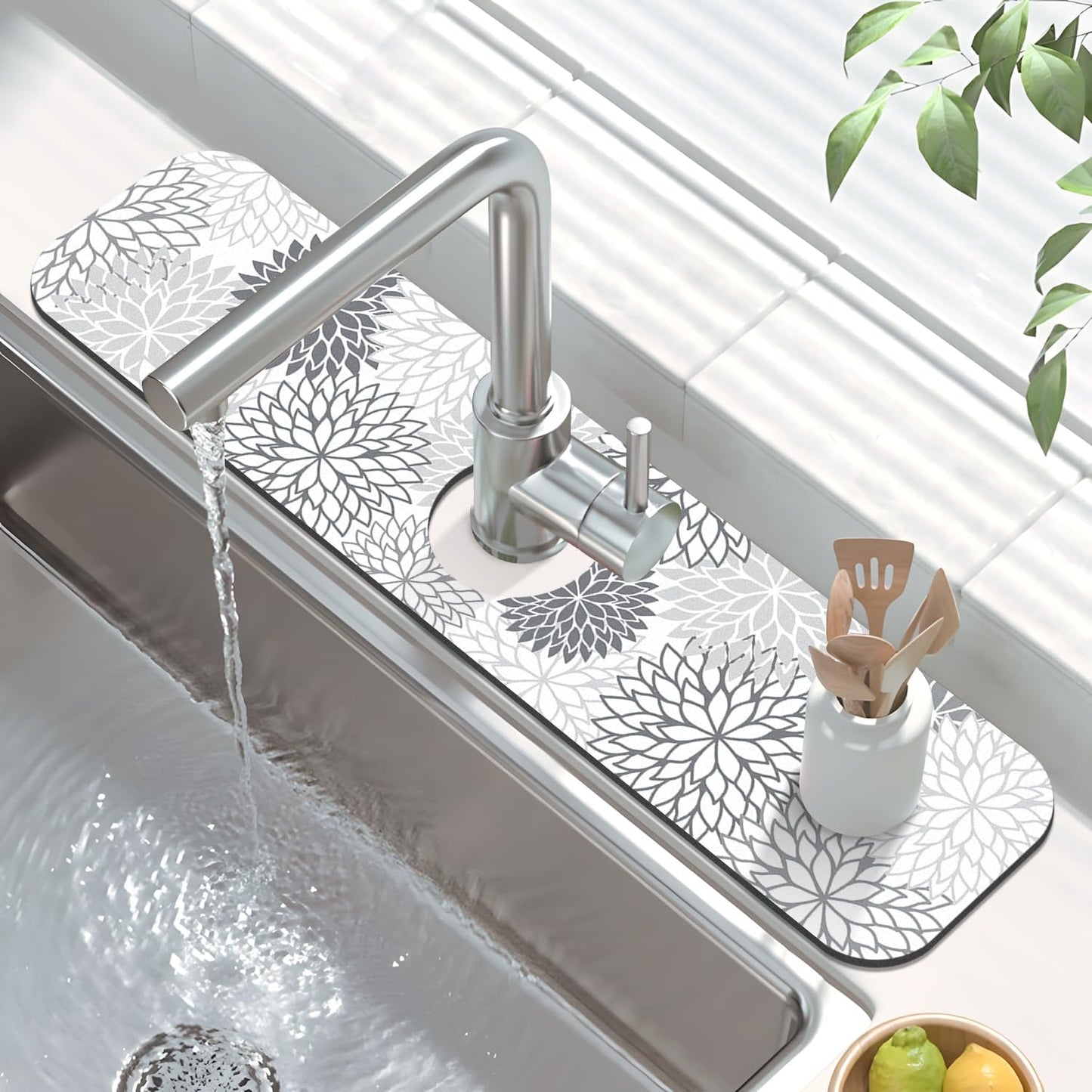 Findosom 2PCS 17" x 32" Dish Drying Mat & 24" x 5.5" Sink Splash Guard, Super Absorbent & Cuttable Dish Mat Drying Kitchen Mat with Gray Floral, Hide Stain Drying Mat for Kitchen Counter