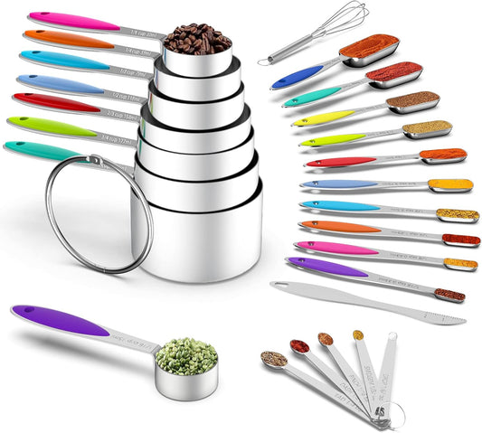 Measuring Cups and Measuring Spoons Set, Wildone Stainless Steel 8 Measuring Cups, 10 Measuring Spoons, 1 Leveler 1 Whisk & 5 Mini Spoons, for Dry and Liquid Ingredient - 25 Piece Multicolor