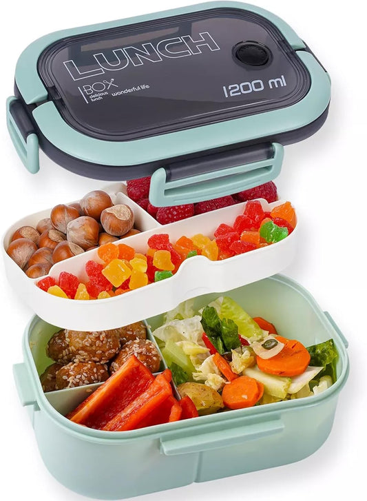 Bento Box Adult, Lunch Box for Men and Women, 1200ML Leak-proof Double-layered with Handle Lunchbox, Reusable BPA-Free Lunch Container, Microwave/Dishwasher Safe, Snack Box with Cutlery Set, Green