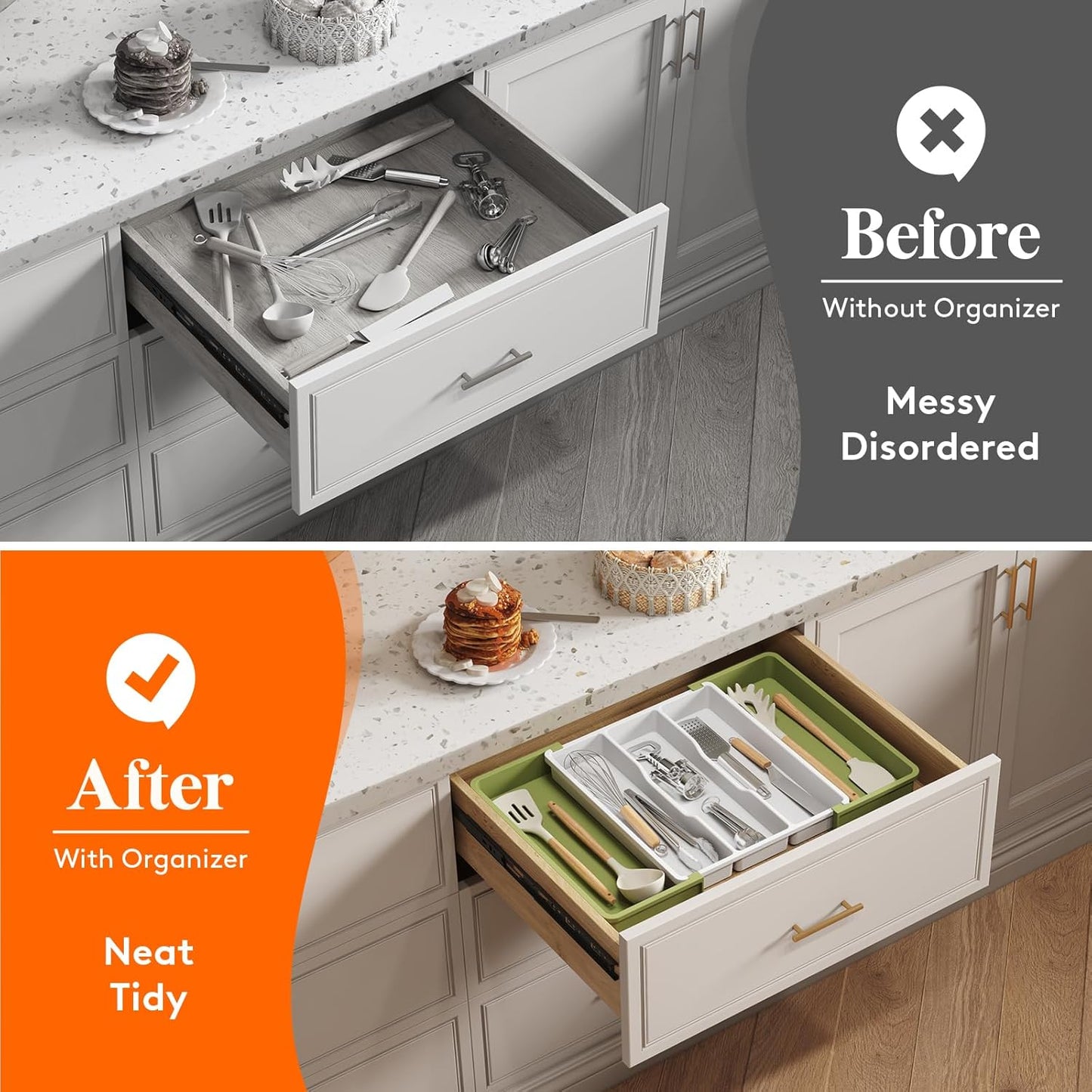 Lifewit Utensil Organizer for Kitchen Drawers, Expandable Cooking Utensil Tray, Adjustable Cutlery Silverware Flatware Holder, Spatula Tools and Gadgets Storage Divider, 13"-22.4" x 15", Green&White