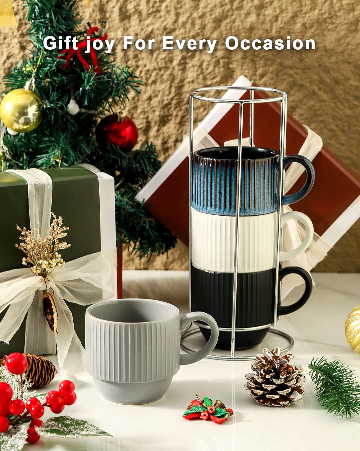 Hasense Ceramic Coffee Mug Set of 4 with Rack - 12 oz Stackable Coffee Cups Ceramic - Modern Ribbed Latte Cup Sets for Cappuccino, Tea, Hot Cocoa, Drinks - Wedding & Housewarming Gifts Multi Colors