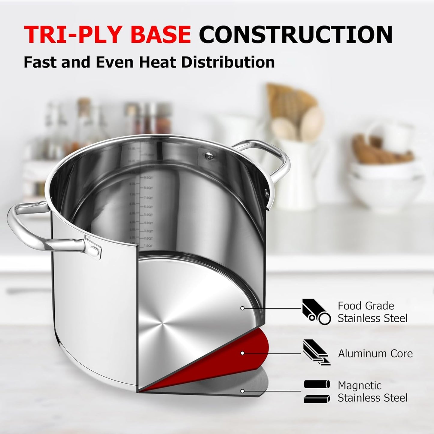 LIANYU 10 Quart Pot with Lid, 10 QT Tri-ply Stainless Steel Stockpot, Heavy Duty Deep Canning Soup Cooking Pot for Gas, Electric, Stoves, Induction, Riveted Handles, Dishwasher Safe