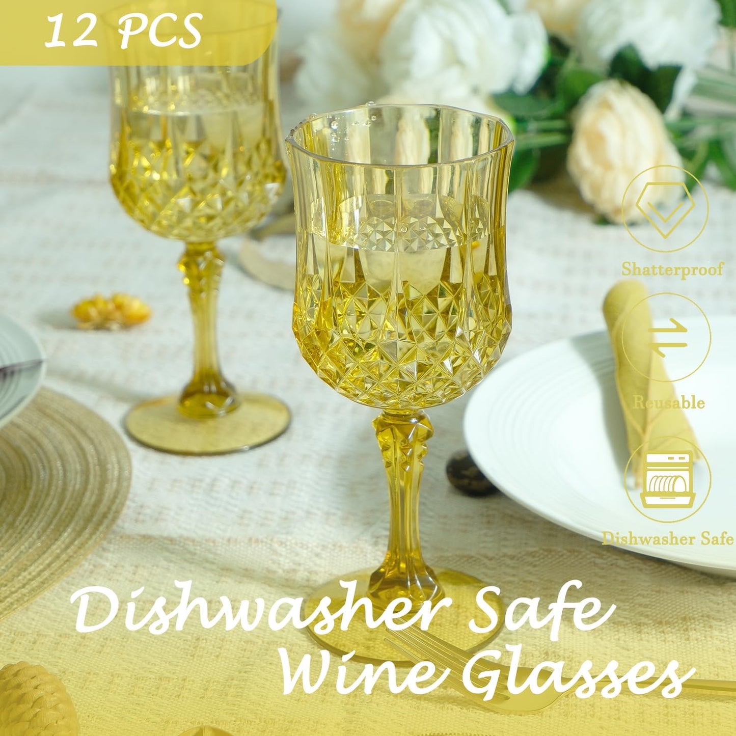 Plastic Wine Glasses，Plastic Goblets Vintage Style Cordial Drinking Glasses for Wedding Reception, Grand Event Party Supplies (12, Gold)