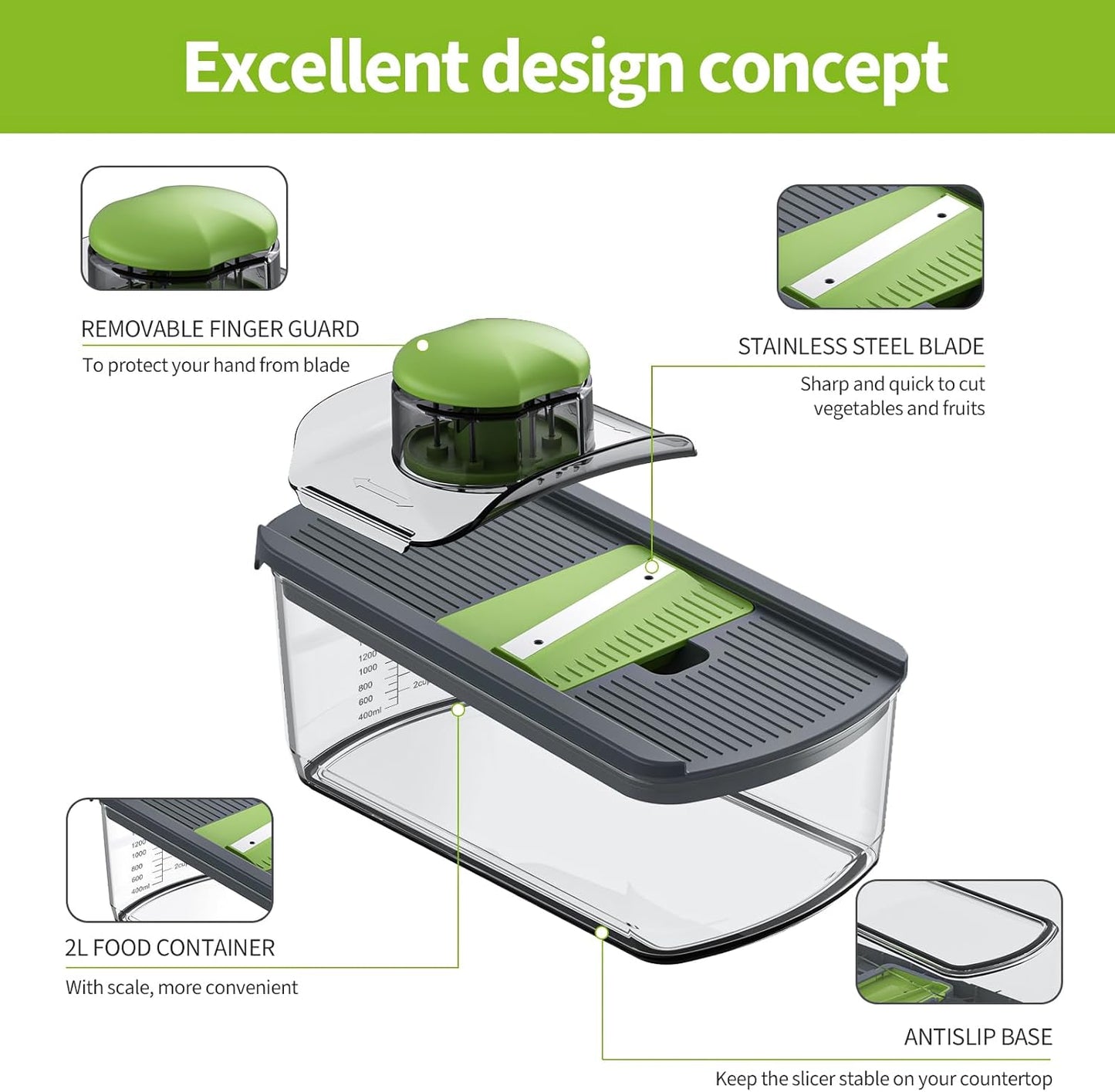 Cambom Mandoline Slicer Vegetable Slicer With 2 L Container for Potatoes, Tomatoes, Cucumbers, Carrots With 10 Blades White