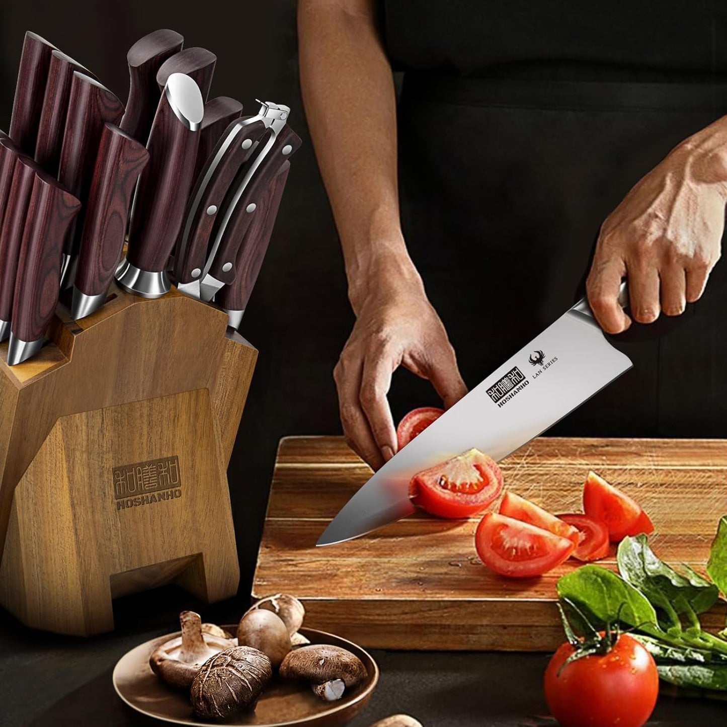 Kitchen Knife Set with Block 18-Piece, Super Sharp High Carbon Stainless Steel Chef Knife Set, Professional Cutlery Knife Set with Sharpener