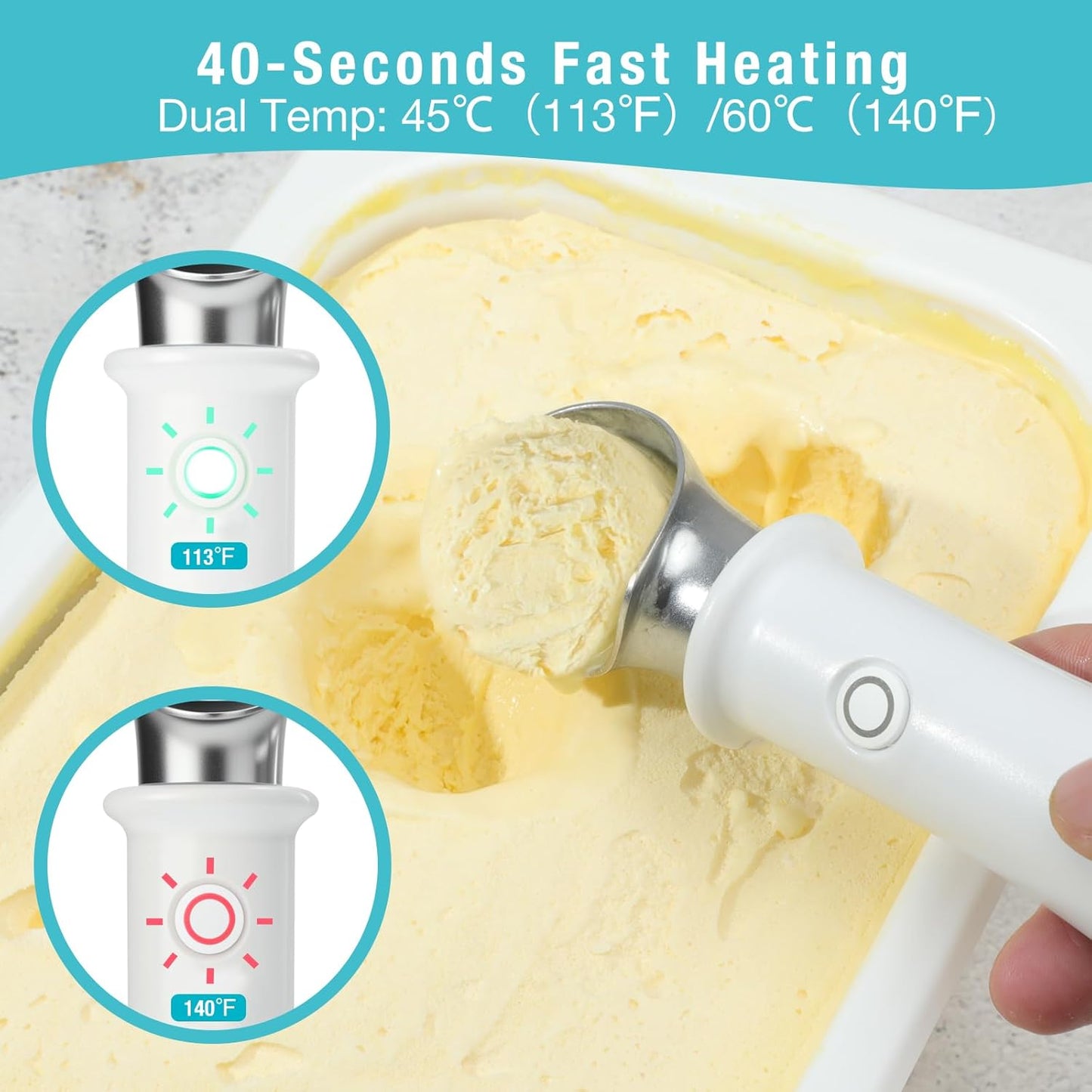 Heated Ice Cream Scoop with Safety Lock – Dual Temp Control 113℉/140℉,Rechargeable Electric Scooper for Gelato, Sorbet,Melon, Frozen Yogur,Fast Melting Kitchen Tool (White)