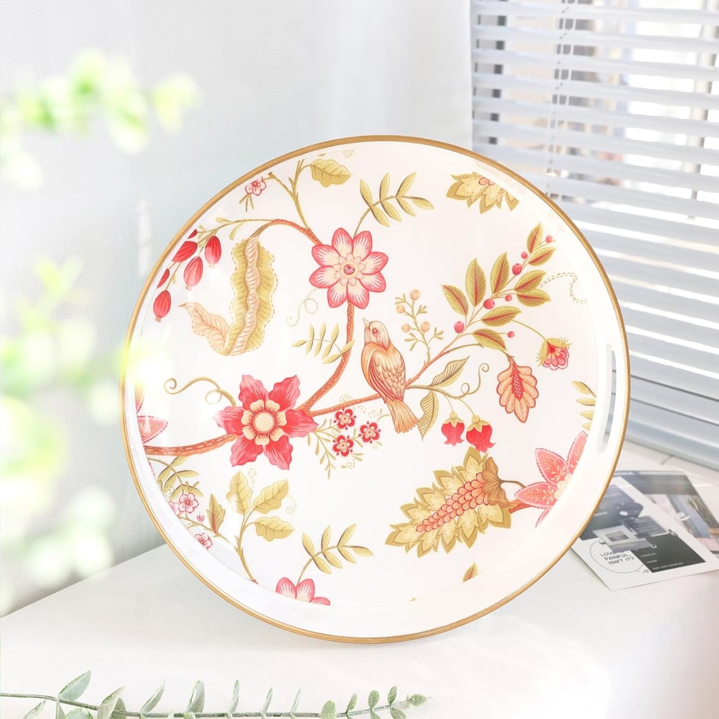 Spsyrine Decorative Serving Tray with Handles, Lacquered Coffee Table Tray for Ottoman, Round Waterproof Platters for Centerpieces, Parties, Living Room, Kitchen Counter Organization Yellow