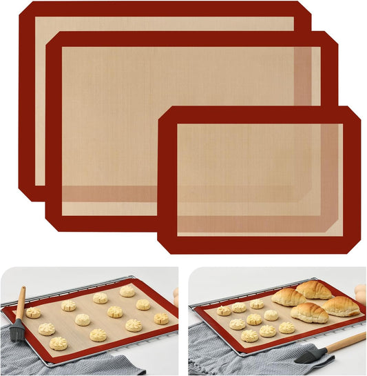 KitchenRaku 3-Pack Silicone Baking Mat, (16.5"x11.6") 2 Half Sheets + 1 Quarter Sheet Reusable Silicone Baking Sheets for Oven, BPA Free Nonstick Bakeware Mats for Cookies, Macarons and Pastry