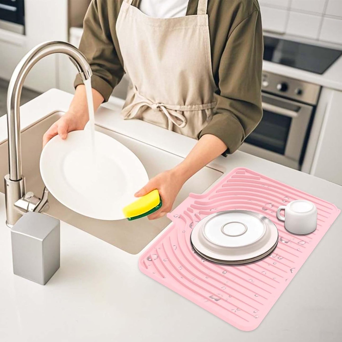 Silicone Dish Drying Mat for Kitchen Counter with Built-in Drain, Easy Clean Pad for Countertop Protection, Fast Self-Draining Slope, Non-Slip, Multiple Use 17.7 x 11.8 Inch (Pink)