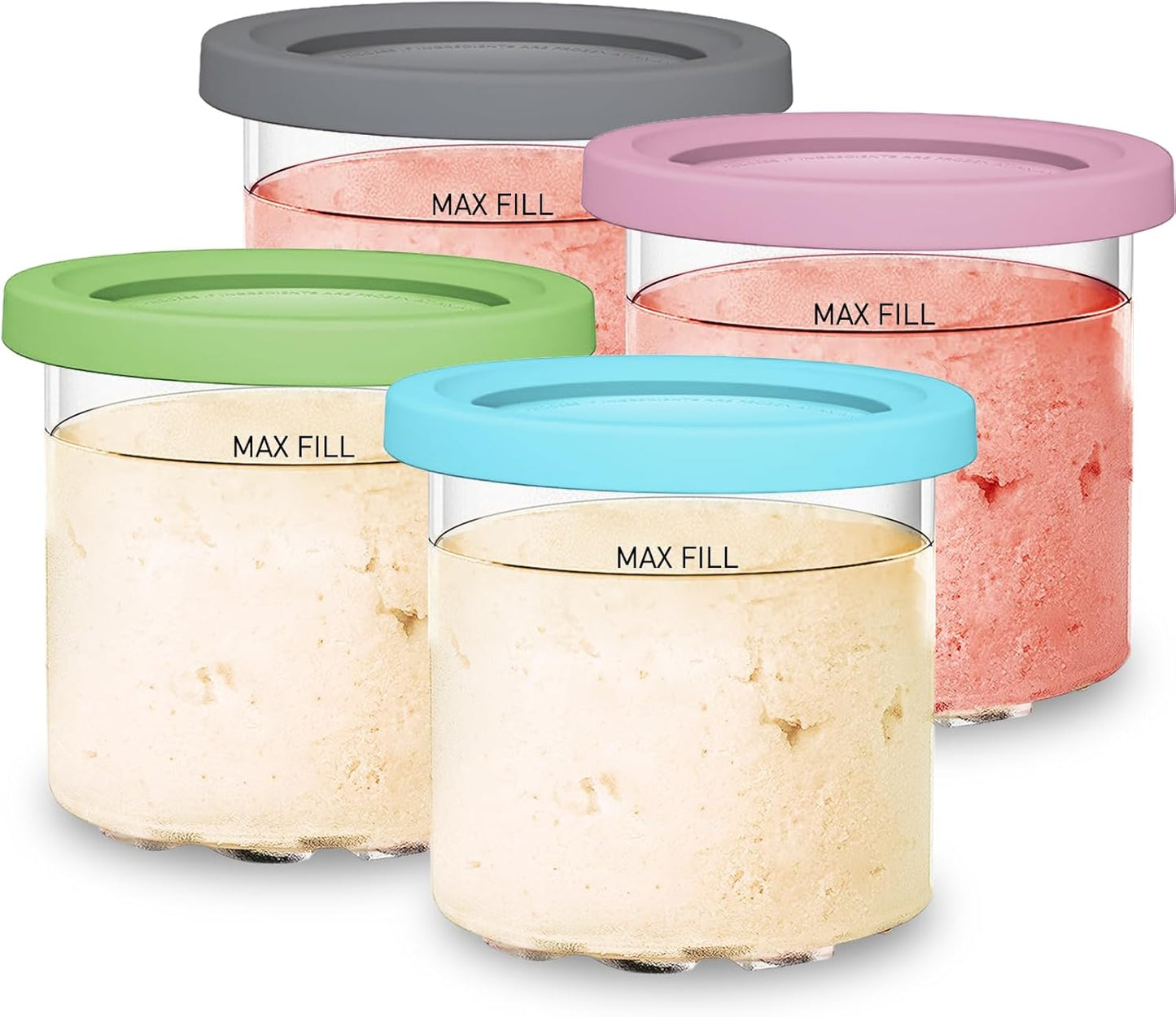 Pints and Lids for Ninja Creami NC299AMZ & NC300s Series Ice Cream Makers, BPA-Free & Dishwasher Safe, Color Lids, 4 Pack, Clear/Lime/Aqua/Grey/Pink