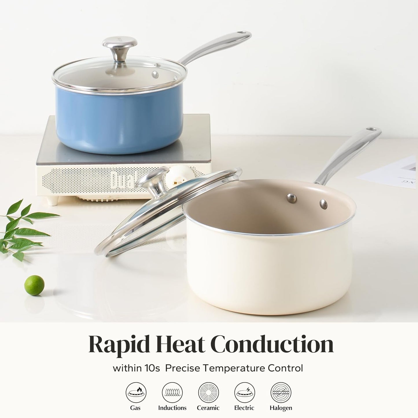 Redchef Nonstick Ceramic Sauce Pan With Lid, 3.5QT Small Cooking Pot with Stay-Cool Handle, Kitchen Non Toxic Soup Pot, PTFE & PFOA Free, Oven & Dishwasher Safe, Compatible with All Stovetops-Beige