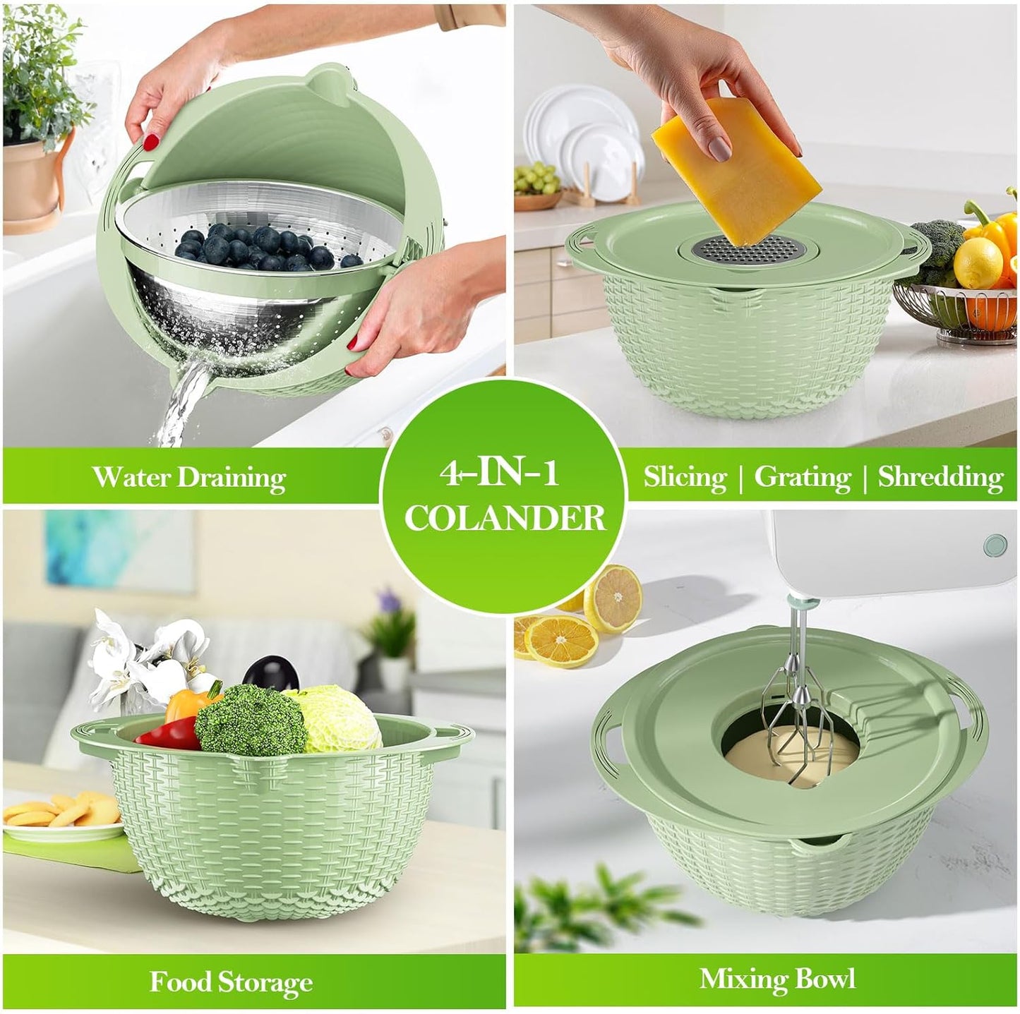 4-1 Colander with Bowl Set - Strainers for Kitchen, Food Strainers and Colanders, Pasta Strainer, Rice Strainer, Fruit Cleaner, Veggie Wash, Salad Spinner, Aesthetic Kitchen Essentials - Green