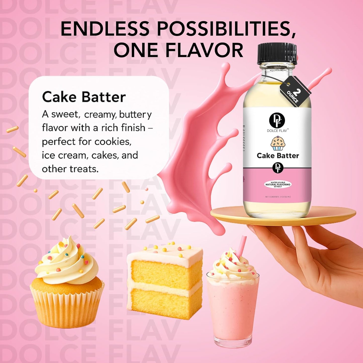 Dolce Flav Natural Cake Batter Extract – 2 Ounce Water-Soluble Kosher, Sugar-Free, Concentrated Birthday Cake Flavor for Frosting, Cupcakes & Ice Cream, Includes Measured Dropper