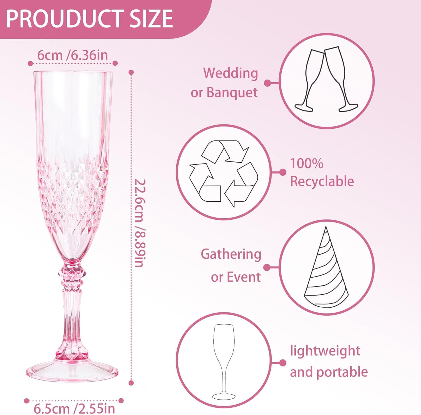 Plastic Champagne Flutes, 48PCS Pink Plastic Wine Glasses Goblets Reusable Champagne Flute for Weddings, Bachelor Parties, Toasting, and Events (48, Pink)