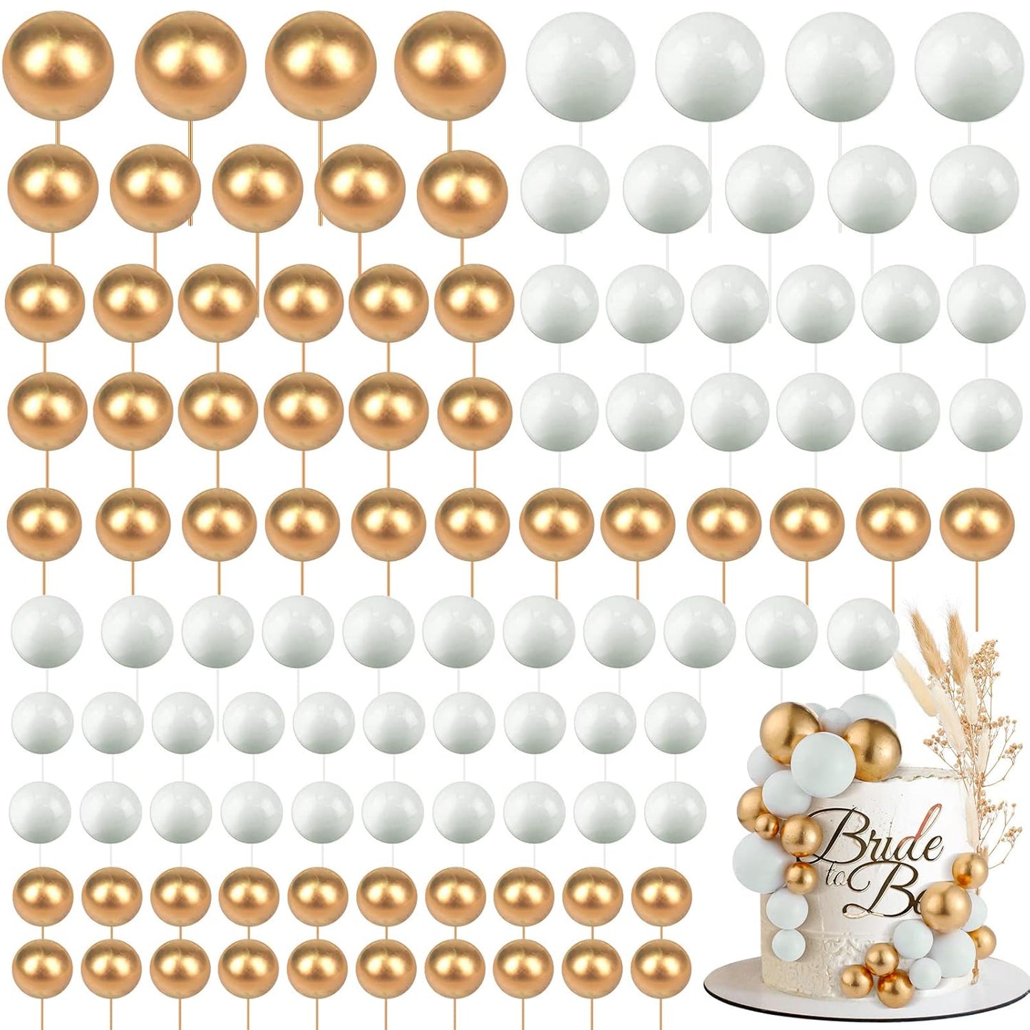 108 Pcs Balls Cake Topper DIY Cupcake Insert Foam Balloons for Cake Baking Wedding Anniversary Birthday Decoration(White, Gold,Multi Sizes)