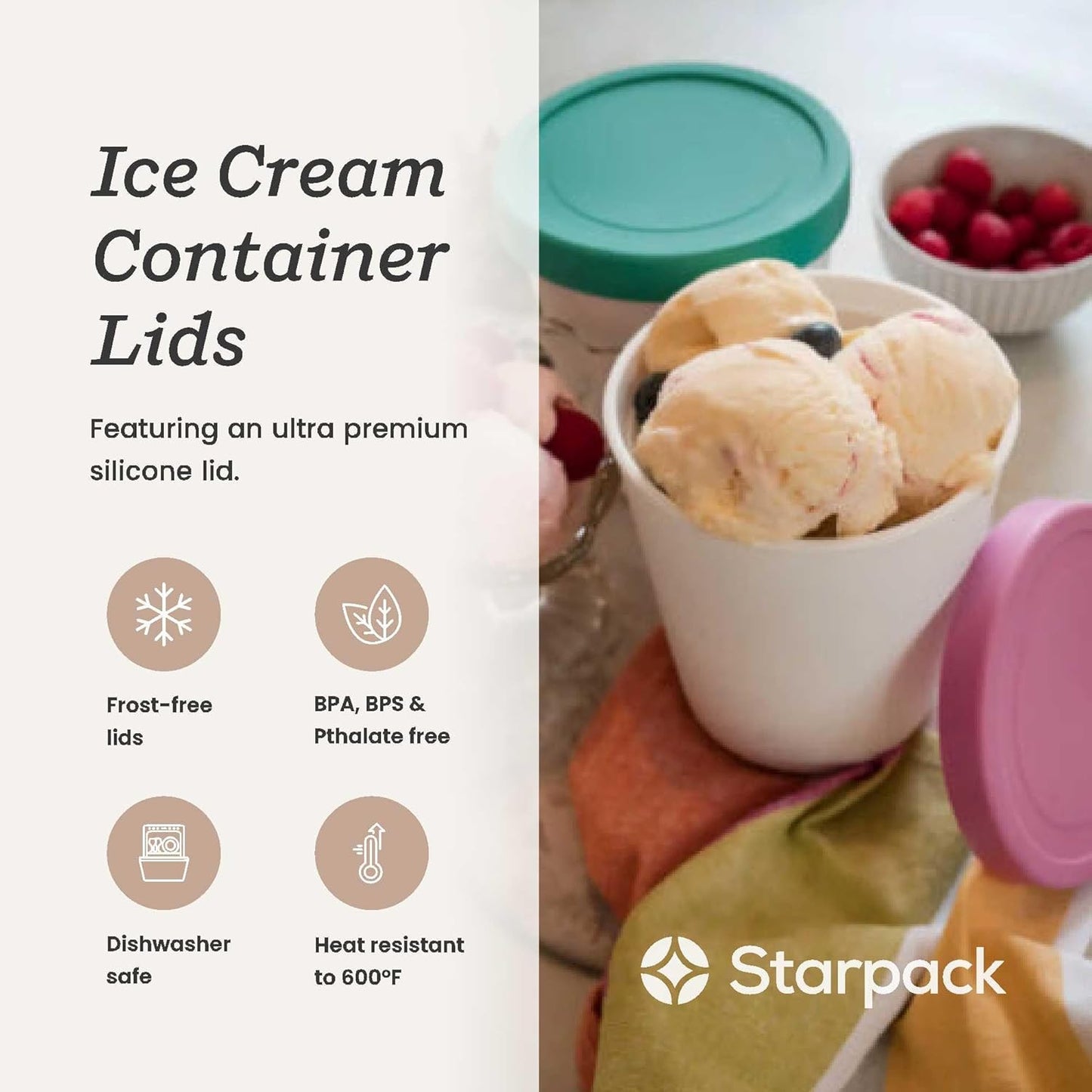 Starpack 'Freeze the Day' Leaf-Free Lids for Ice Cream Storage Containers for Freezer (4 Pcs) - 1 Quart Ice Cream Containers for Homemade Dessert - Reusable Frozen Dessert Containers (Silicone)