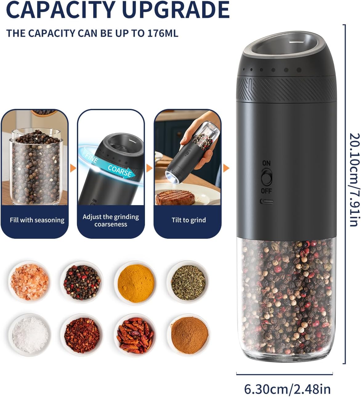 CIRCLE JOY Gravity Electric Salt and Pepper Grinder Set Rechargeable Automatic Pepper Mill Grinders with 176ml Container, External Adjustable Coarseness, Bright LED Light and One Hand Operation, Black