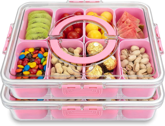 Divided Serving Tray with Lid and Handle,8 Compartments Snacks Box,Snack Fruit Tray,Veggie Tray,Portable Platter for Candy Fruits Nuts Snack Party Entertaining Picnic (2PCS Pink)