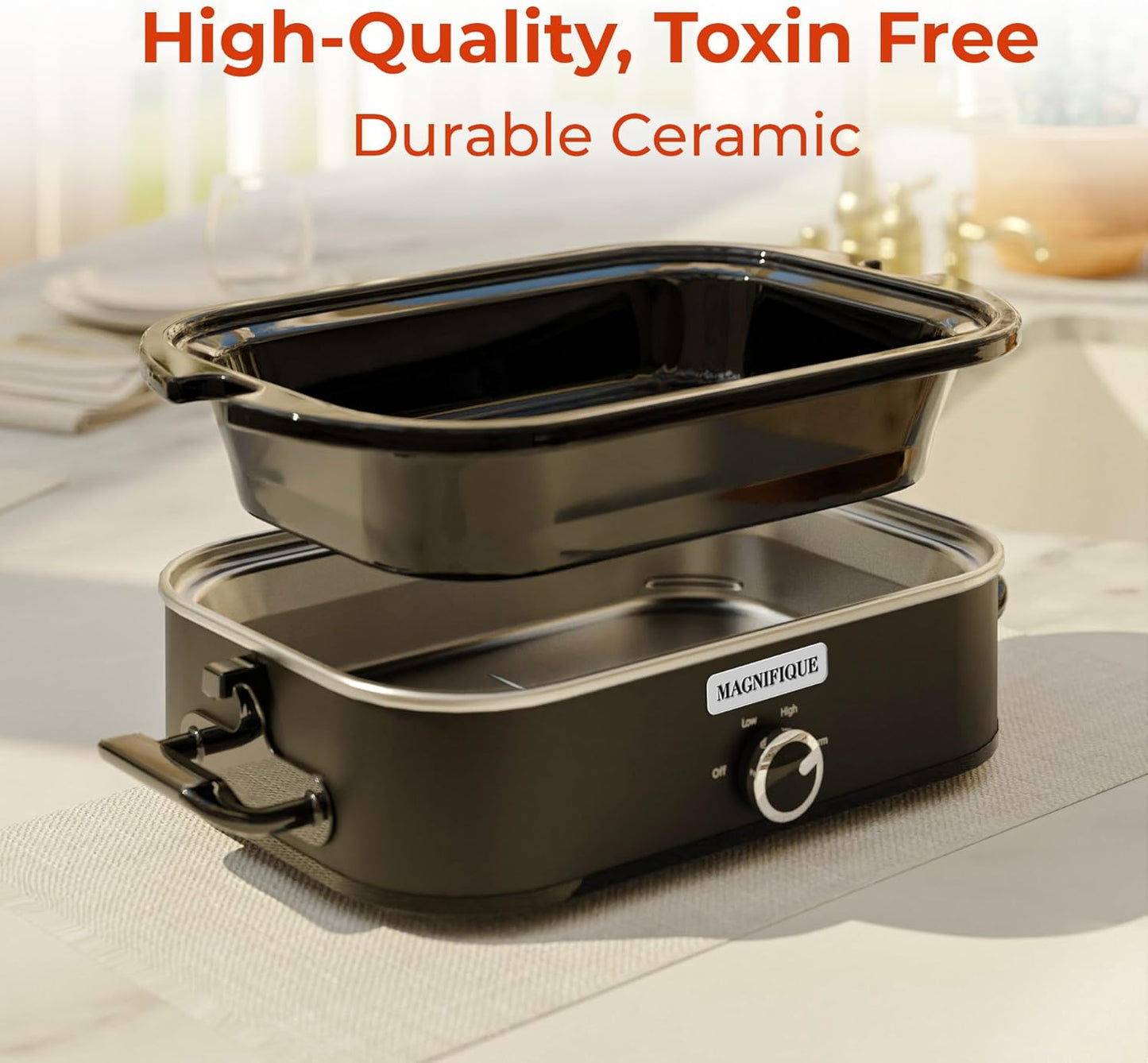 [NEW] MAGNIFIQUE 4-Quart Slow Cooker with Casserole Manual Warm Setting - Perfect Kitchen Small Appliance for Family Dinners, Dishwasher Safe Crock, Black