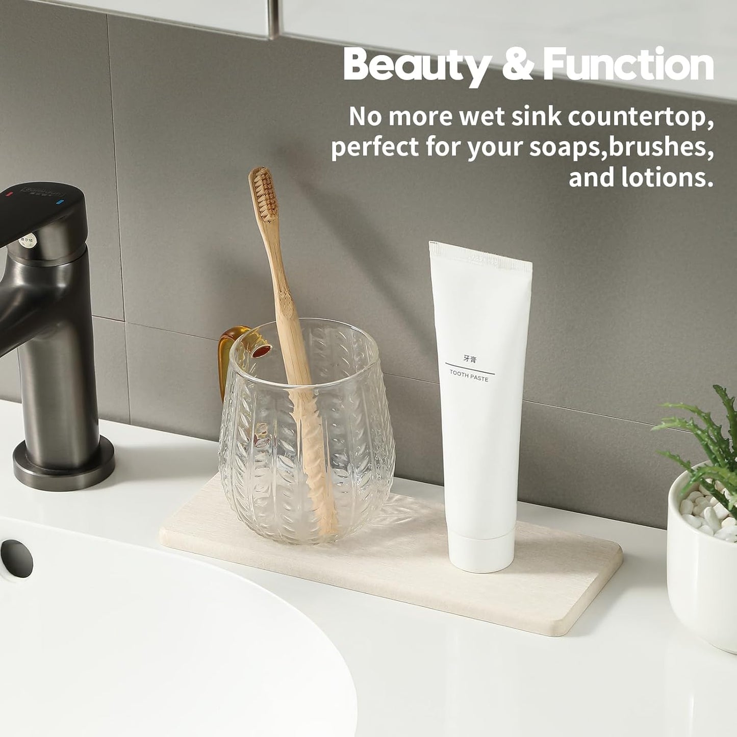 3PCS Bathroom Sink Vanity Trays, Quick Stone Drying Mat Dish Soap Dispenser Sponge Holder for Kitchen Counter, Diatomaceous Earth Water Absorbing Caddy Organizer, Beige