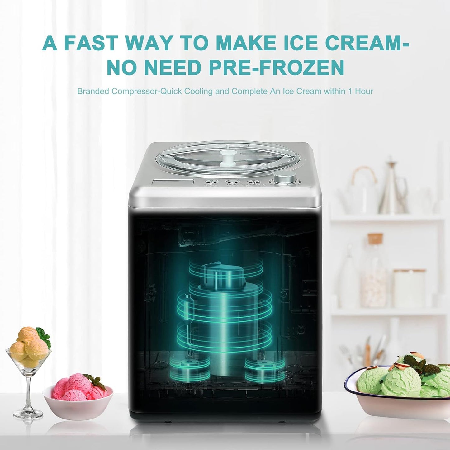 Homtone 2.64 QT Ice Cream Maker, No pre-Freezing & Large Capacity Automatic Ice Cream Machine with Compressor, Easy Operate & Clean, Keep Cooling for 2H, All Stainless Steel, LCD Digital Display