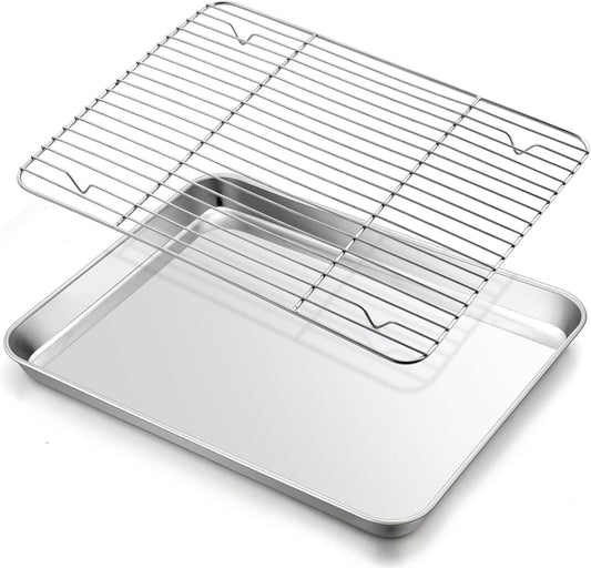 Baking Sheet with Rack Set, E-far 16”x12” Stainless Steel Cookie Sheet Pan for Oven, Rimmed Metal Tray with Wire Cooling Rack for Cooking Roasting Resting Bacon Meat Steak - Dishwasher Safe