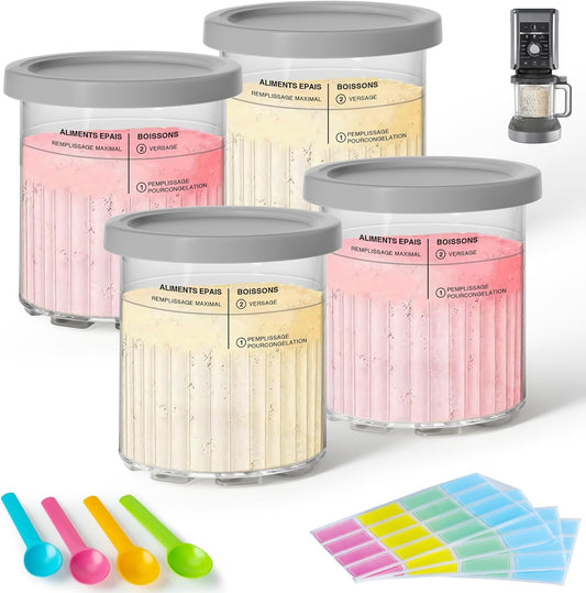 GuanQiao 4 Pack Creami Deluxe Pints & Lids for Ninja, 24 Oz Compatible with NC500 NC501 Series Ice Cream Makers, with 4 Spoons & 64 Writable Labels, BPA-Free & Dishwasher Safe, Grey