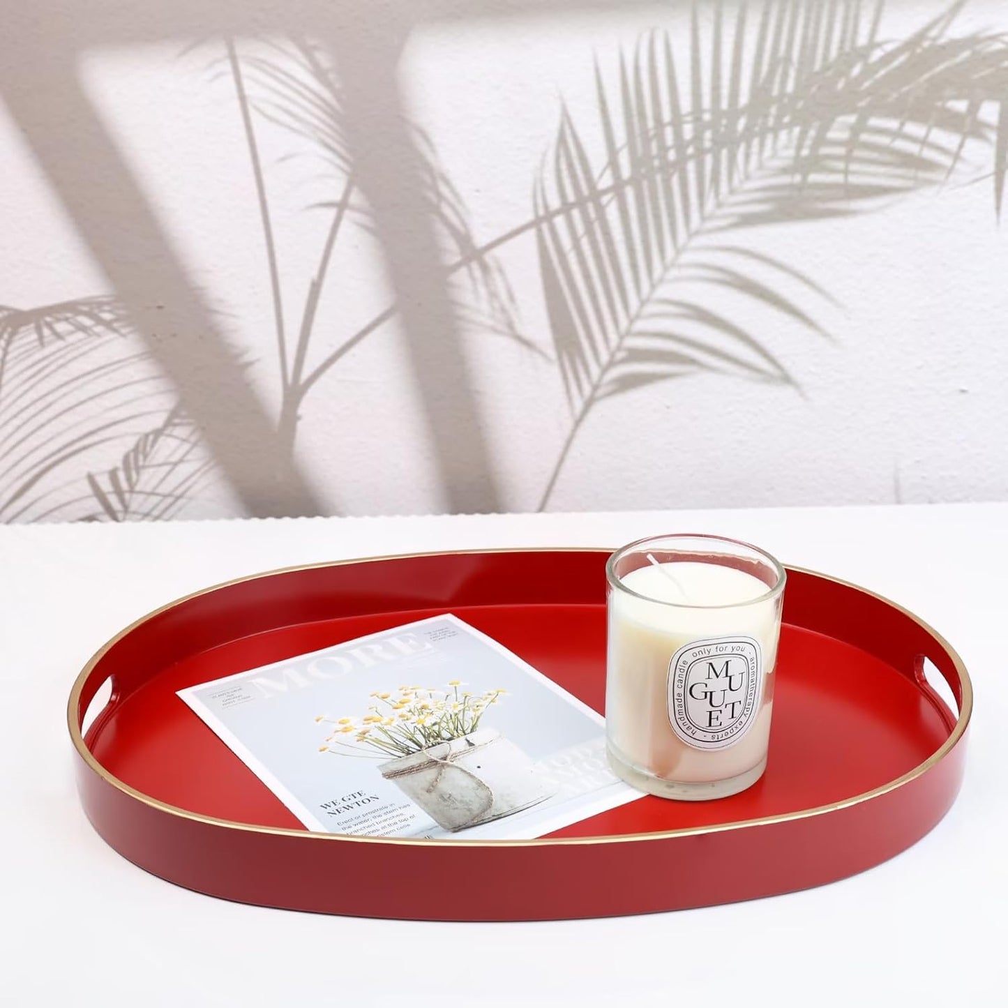 Spsyrine Red Plastic Serving Tray for Ottoman, Coffee Table, Oval Decorative Tray for Entertaining, Outdoor, Living Room, Home Decor