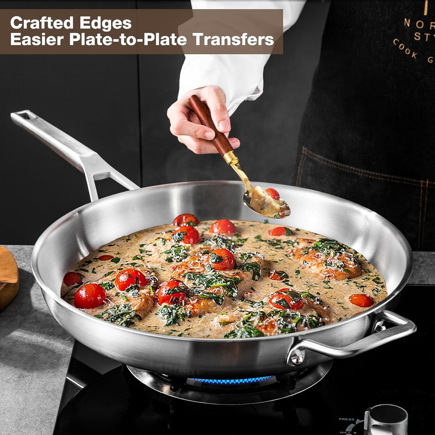 12-Inch Tri-Ply Fully Bonded Stainless Steel Frying Pan with Tempered Glass Lid | Chef's Skillet, Induction Compatible, Dishwasher & Oven Safe