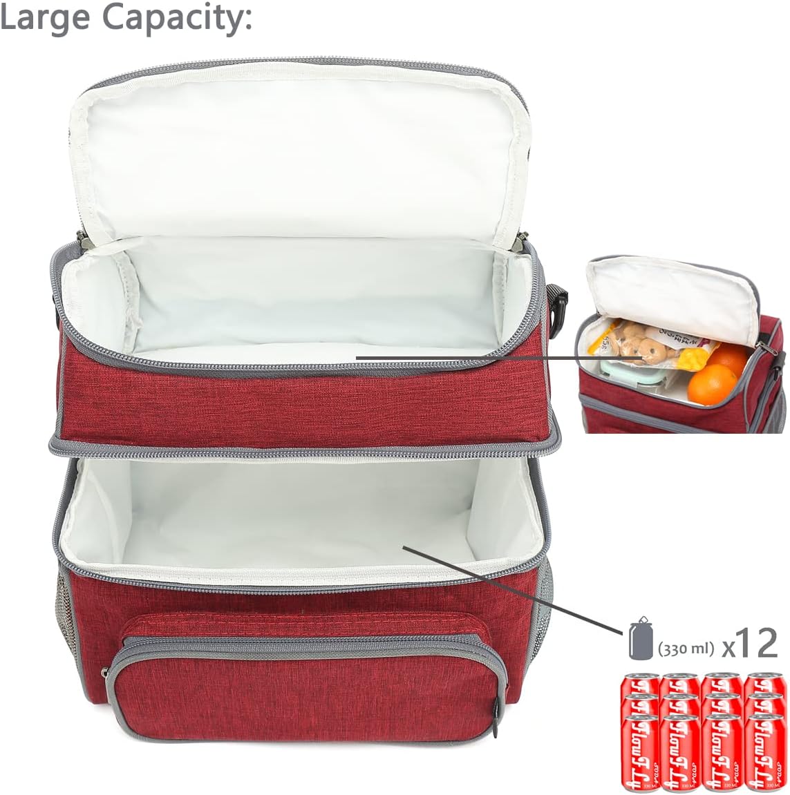 FlowFly Double Layer Cooler Insulated Lunch Bag Adult Lunch Box Large Tote Bag for Men, Women, With Adjustable Strap,Front Pocket and Dual Large Mesh Side Pockets