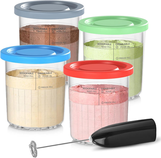 Pint Containers Replacement for Ninja Creami Deluxe Pints and Lids - 4 pack, 24OZ XL Cups Compatible with Ninja Creami 11-in-1 Ice Cream Maker NC500 NC501 Series (Deluxe-Grey/Red/Blue/Mint)